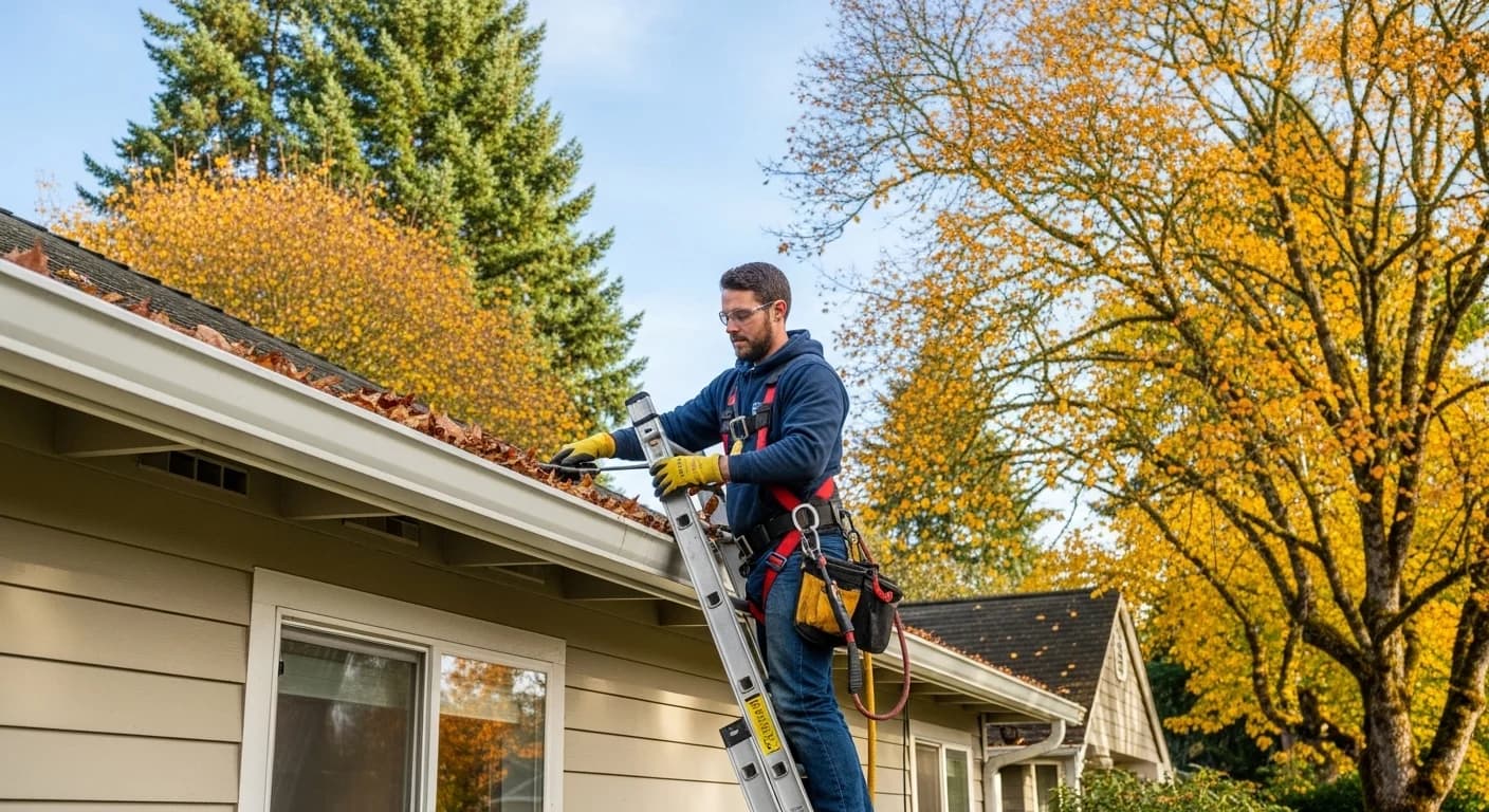Gutter cleaning technician on ladder San Antonio